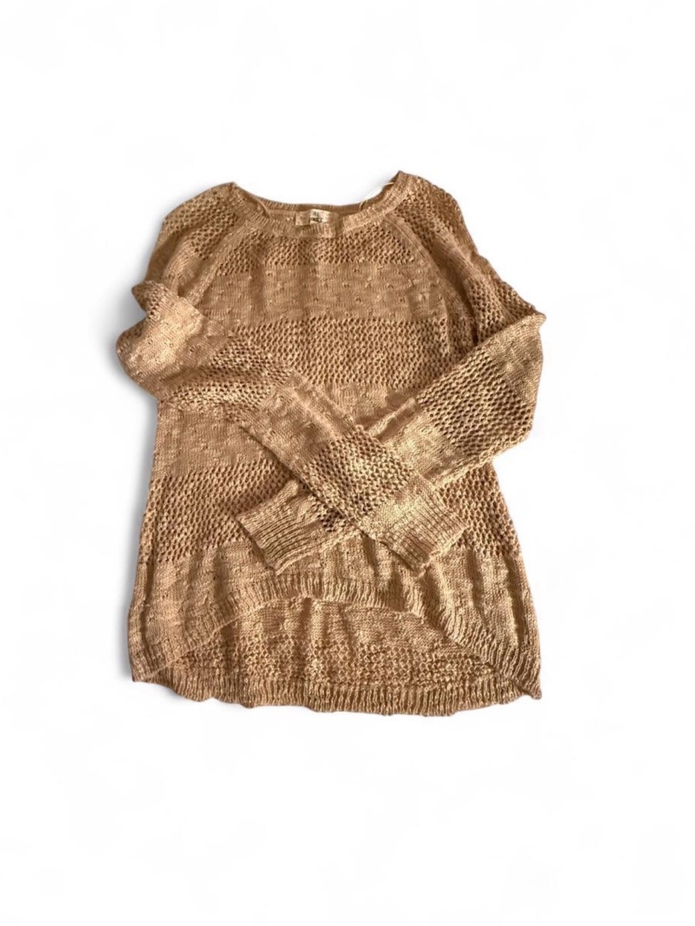 Pink Republic Open-Weave Crewneck Sweater in Tan Small Boho Western Festival
